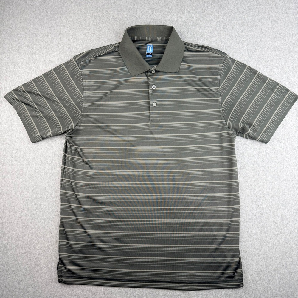 PGA Tour Mens Golf Polo Shirt Large Grey Striped Short Sleeve Performance Top